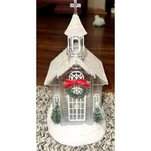 Christmas Glitter Snow Globe White Snowy Pines 12" Church LED Battery Operated